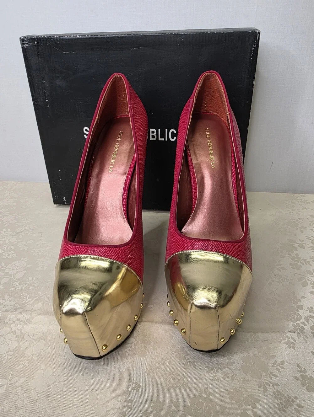 Shoe Republic LA Ethanie Red Snake Cap Toe Platform Pumps Gold Studded Heels 7.5